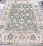 8x10 ft Hand-Knotted Oushak Style Sage Green & Cream Wool Rug