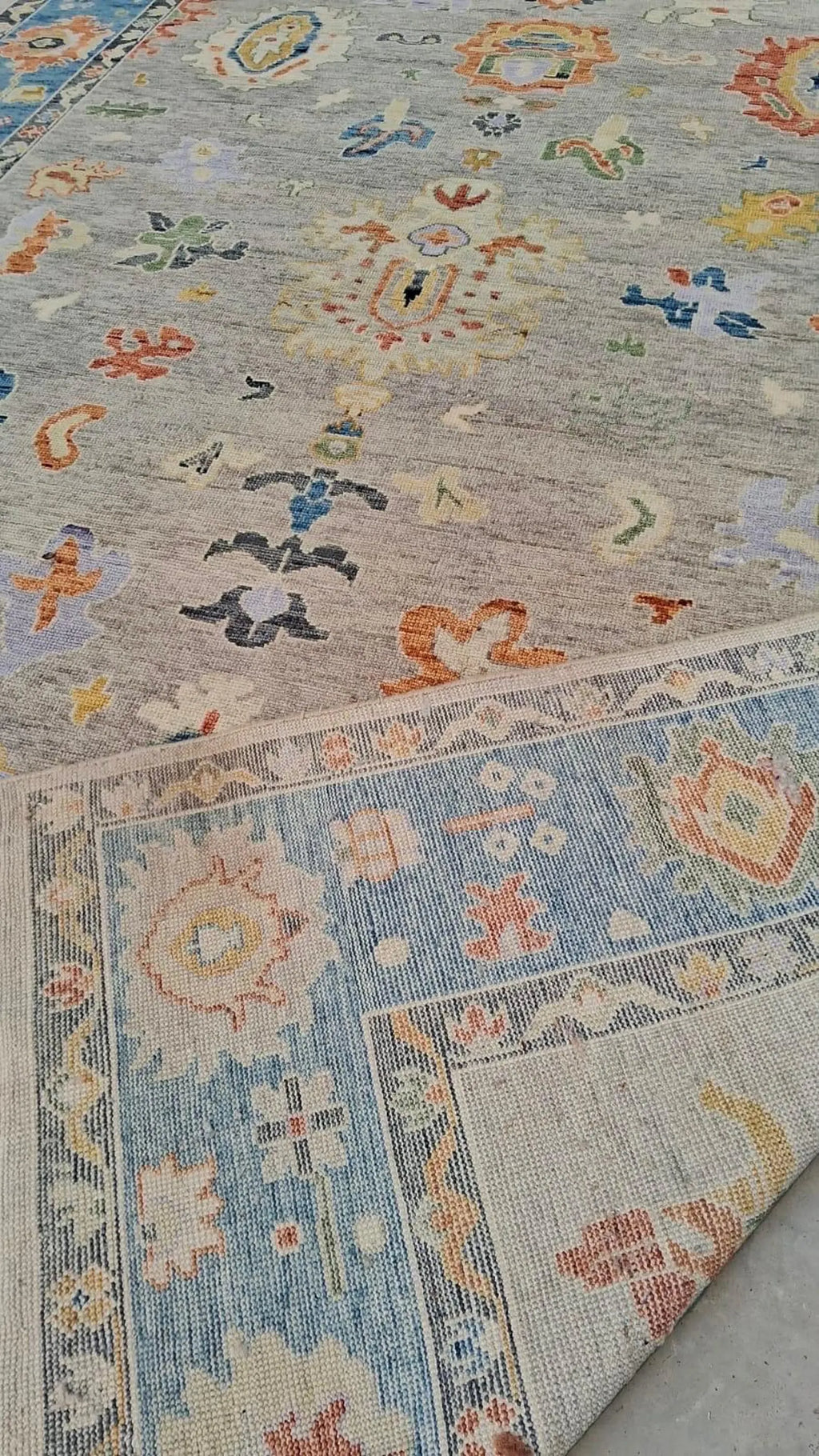 Hand-Knotted Oushak Wool Rug - Muted Blue & Terracotta Modern Transitional Design