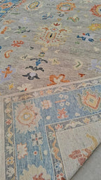 Hand-Knotted Oushak Wool Rug - Muted Blue & Terracotta Modern Transitional Design