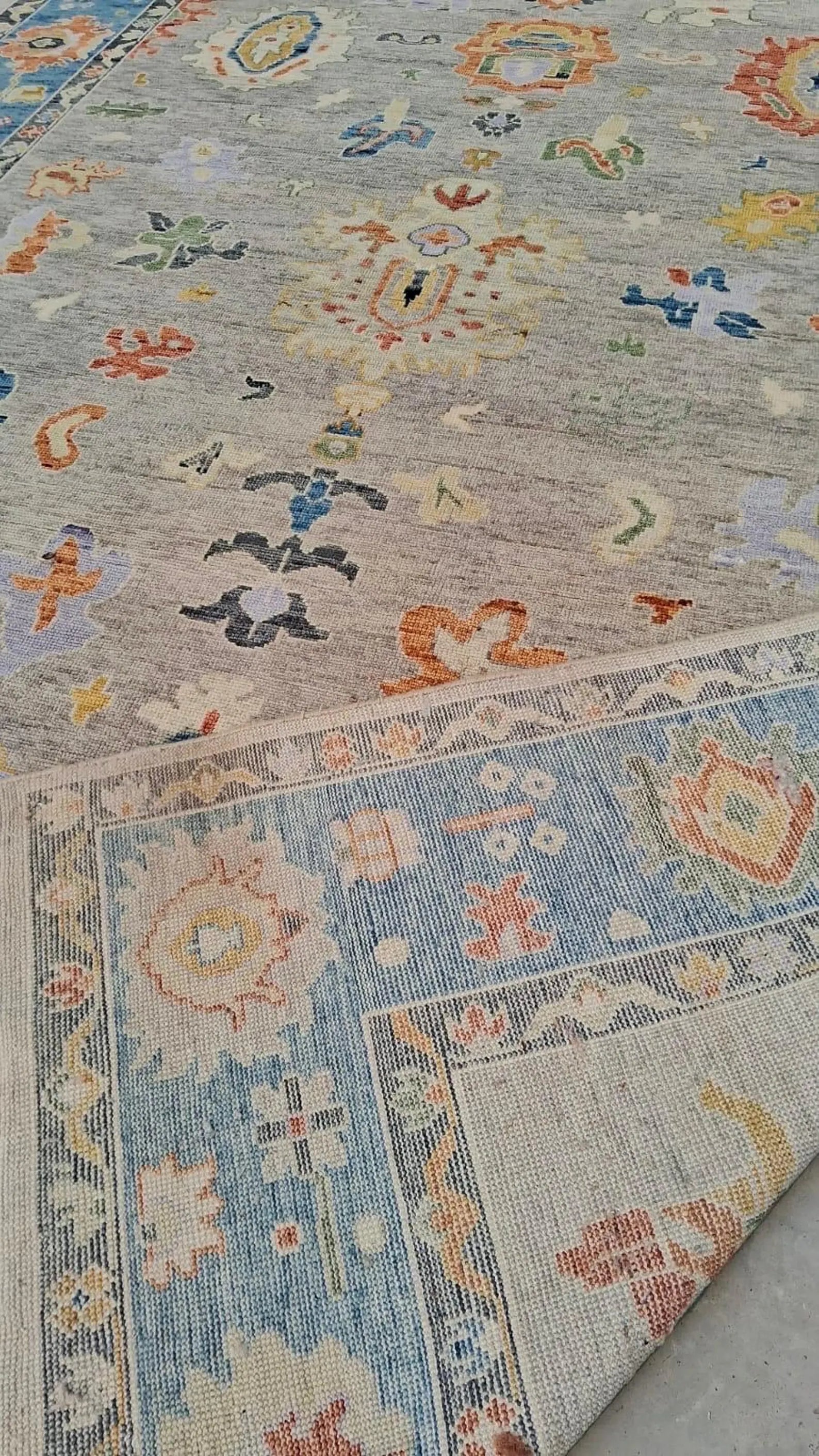 Hand-Knotted Oushak Wool Rug - Muted Blue & Terracotta Modern Transitional Design