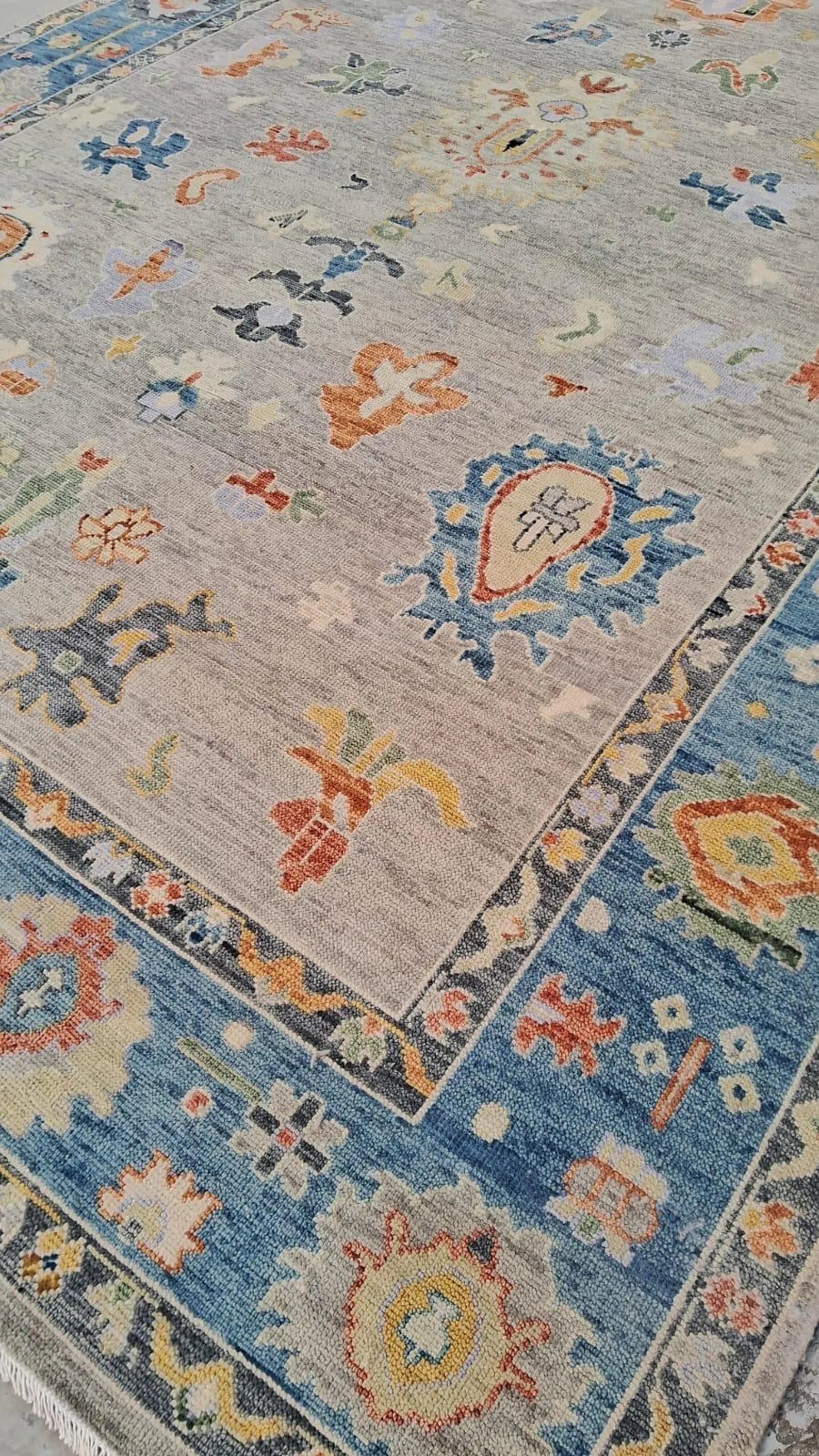 Hand-Knotted Oushak Wool Rug - Muted Blue & Terracotta Modern Transitional Design