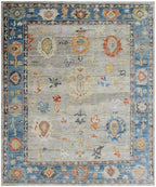 Hand-Knotted Oushak Wool Rug - Muted Blue & Terracotta Modern Transitional Design