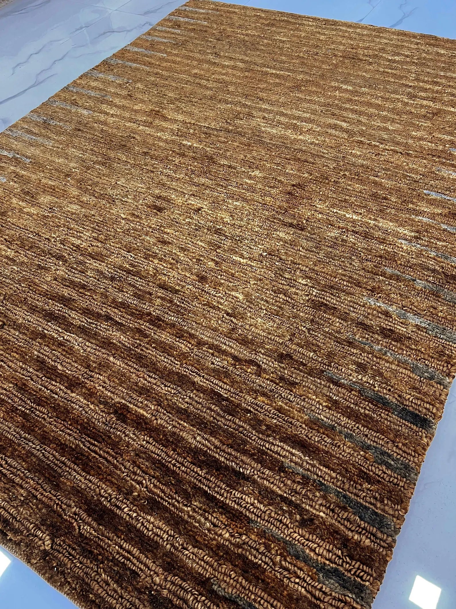 Natural Jute 6x8 Handwoven Area Rug, Textured Waffle Weave Brown with Gray accents