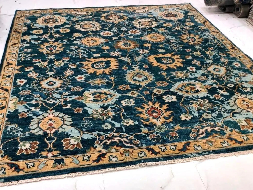 10x14 ft Hand-Knotted Indigo & Ochre Floral Wool Rug - 8x10 ft, 9x12 ft Modern Oushak Style