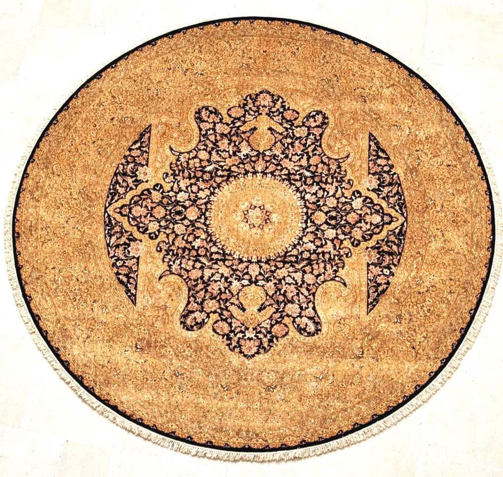10 ft Round Premium Wool & Silk Black Gold Large Medallion Oriental Carpet for High-End Living Room