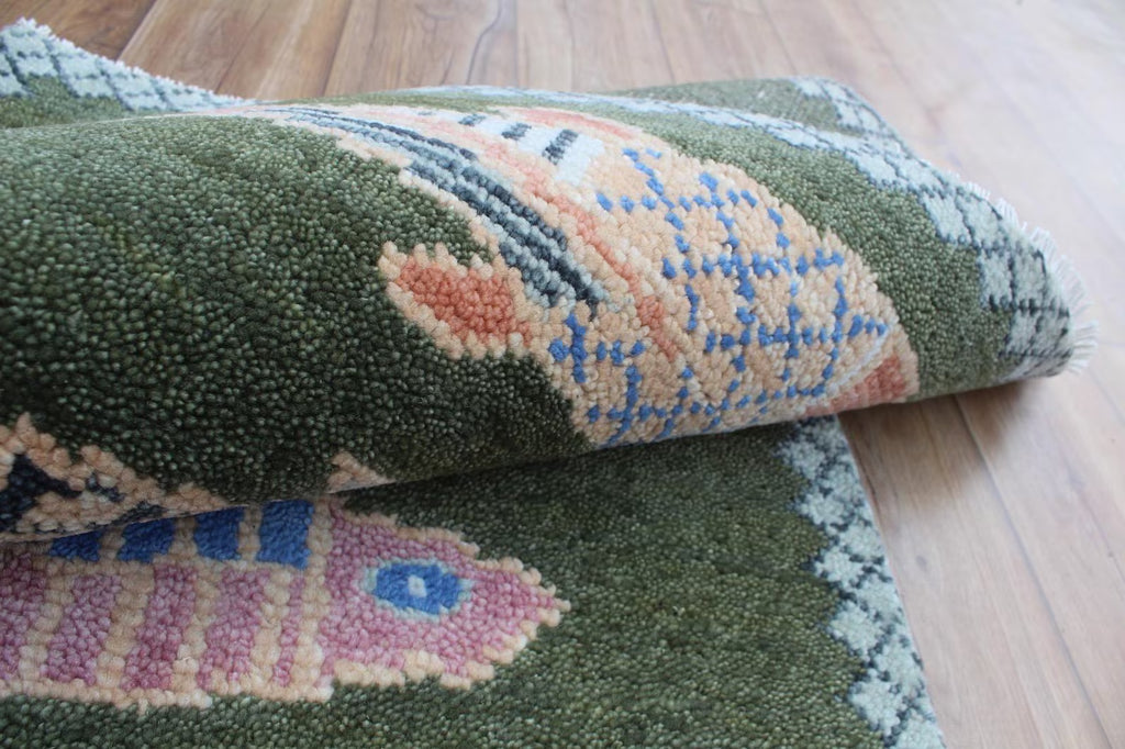 Hand-Knotted Wool Koi Fish Runner – Green Artisan Fish Rug – Custom Sizes Available