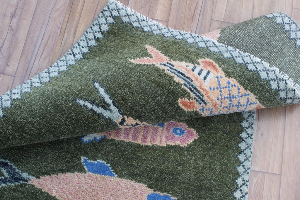 Hand-Knotted Wool Koi Fish Runner – Green Artisan Fish Rug – Custom Sizes Available