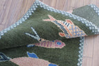 Hand-Knotted Wool Koi Fish Runner – Green Artisan Fish Rug – Custom Sizes Available