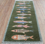 Hand-Knotted Wool Koi Fish Runner – Green Artisan Fish Rug – Custom Sizes Available