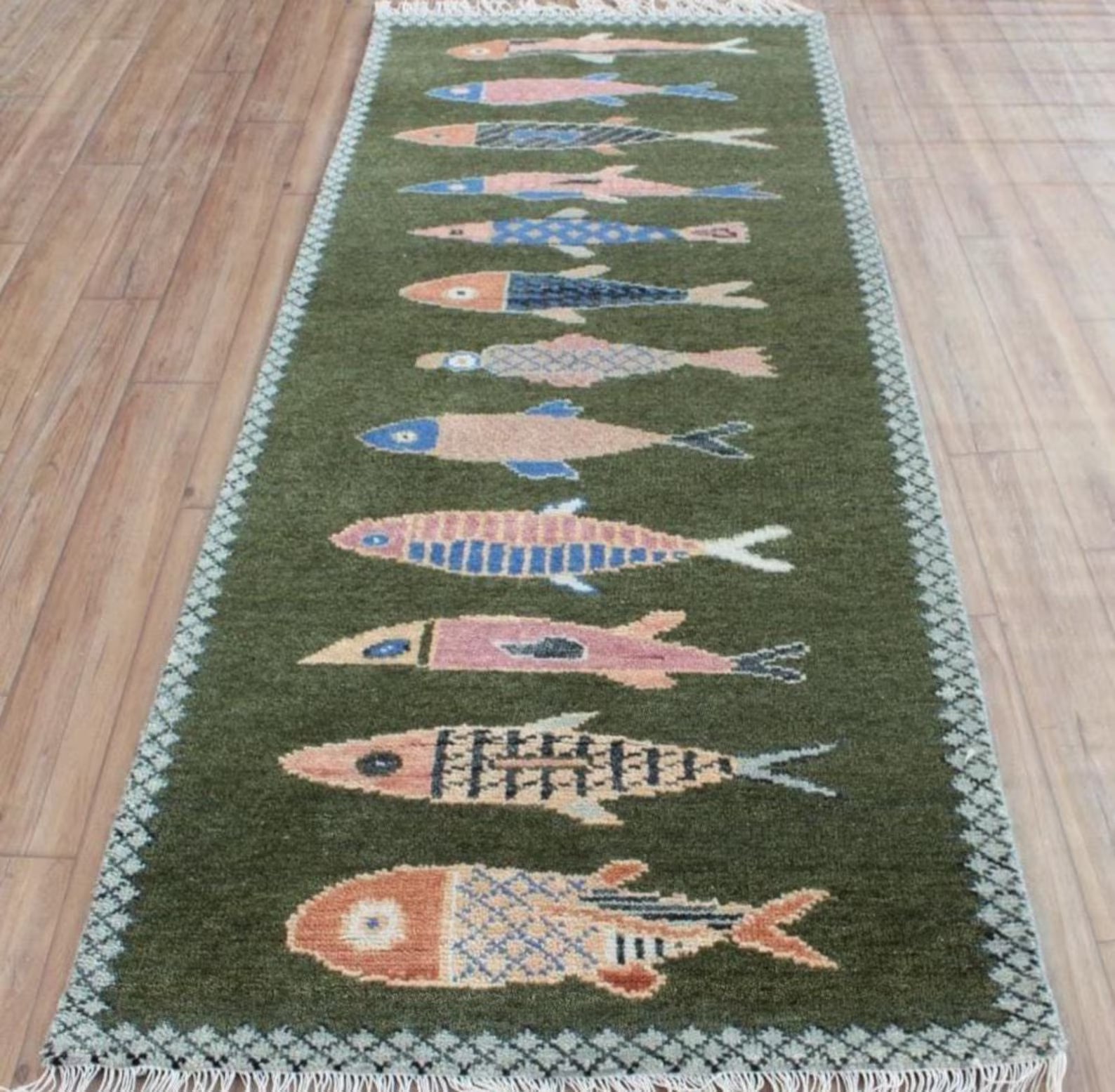 Hand-Knotted Wool Koi Fish Runner – Green Artisan Fish Rug – Custom Sizes Available