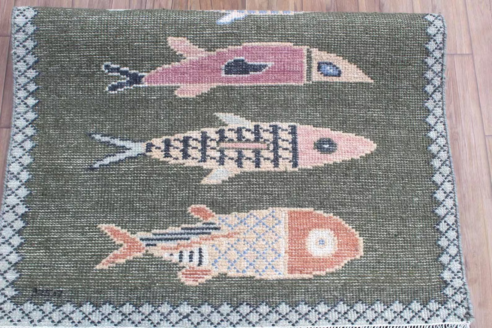 Hand-Knotted Wool Koi Fish Runner – Green Artisan Fish Rug – Custom Sizes Available
