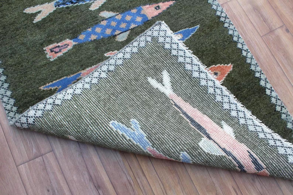 Hand-Knotted Wool Koi Fish Runner – Green Artisan Fish Rug – Custom Sizes Available