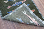 Hand-Knotted Wool Koi Fish Runner – Green Artisan Fish Rug – Custom Sizes Available