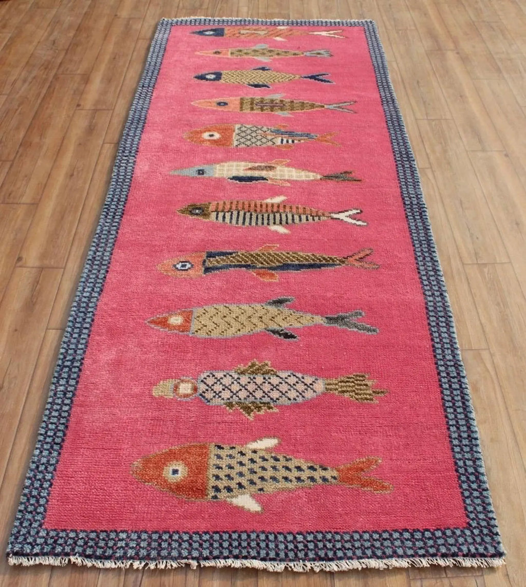 Hand-Knotted Wool Koi Fish Runner – Pink Artisan Fish Rug – Custom Sizes Available