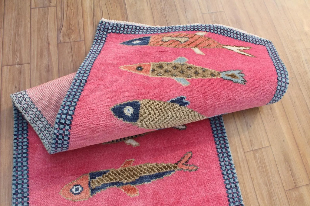 Hand-Knotted Wool Koi Fish Runner – Pink Artisan Fish Rug – Custom Sizes Available