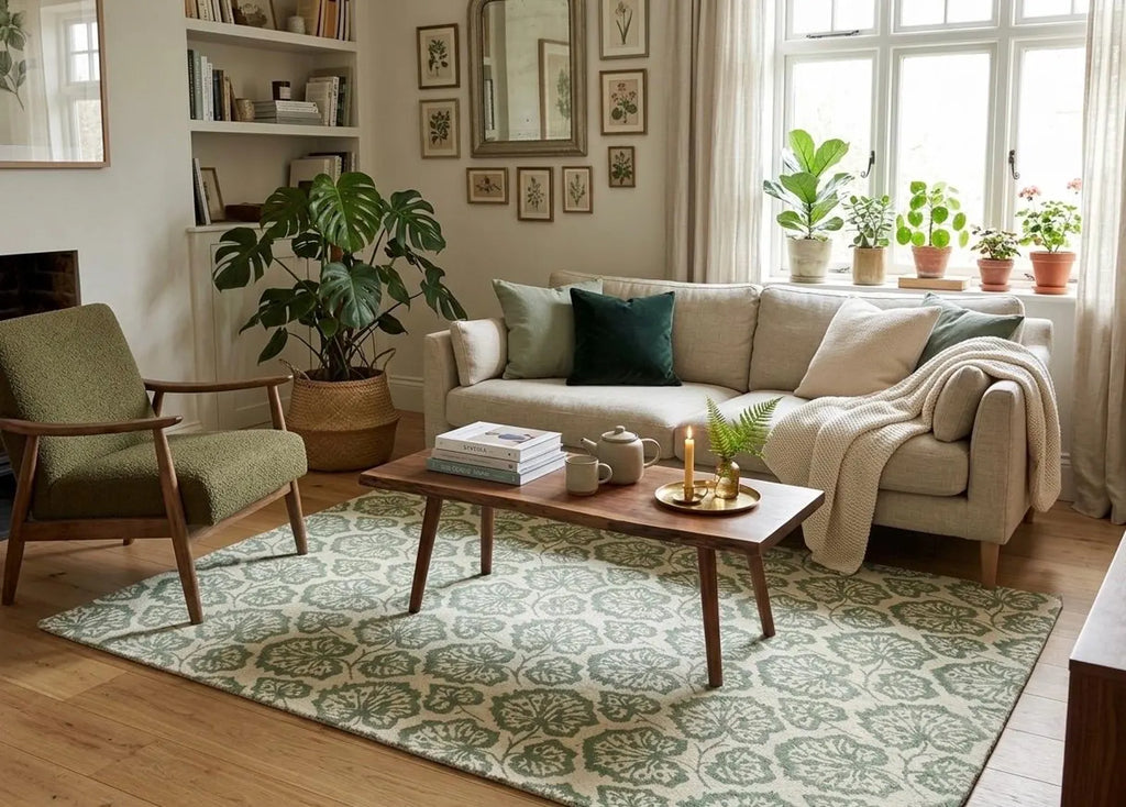 Hand Tufted Ivory Wool Rug, Green Floral Looped Pile (5X8)