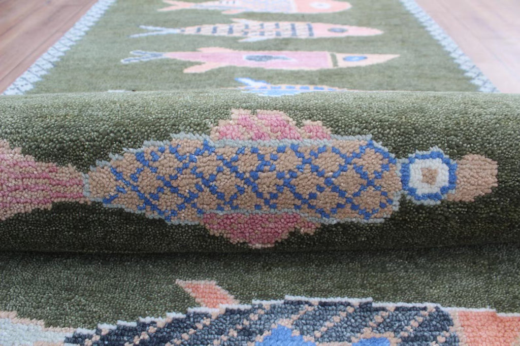Hand-Knotted Wool Koi Fish Runner – Green Artisan Fish Rug – Custom Sizes Available
