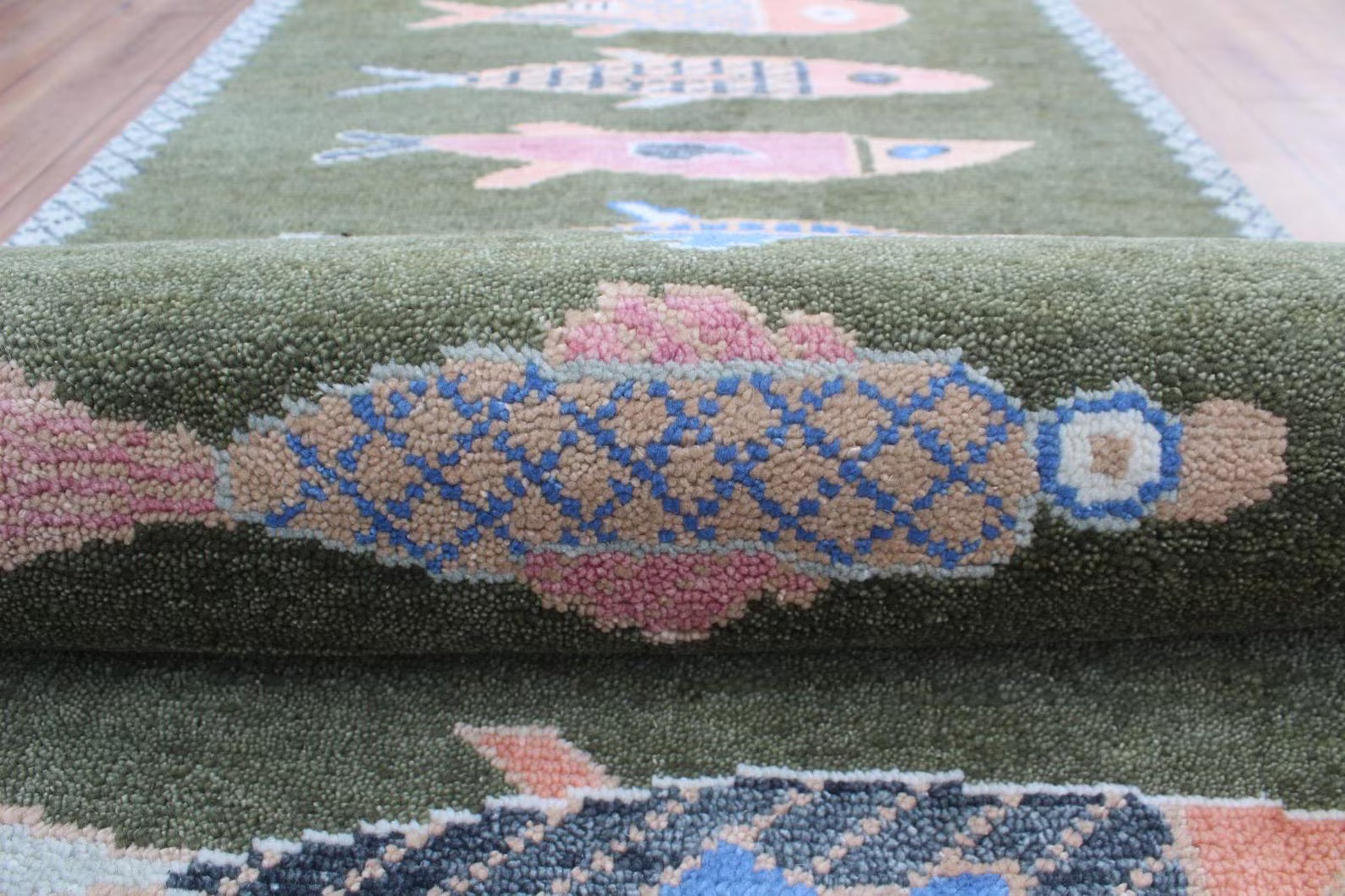 Hand-Knotted Wool Koi Fish Runner – Green Artisan Fish Rug – Custom Sizes Available