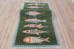 Hand-Knotted Wool Koi Fish Runner – Green Artisan Fish Rug – Custom Sizes Available
