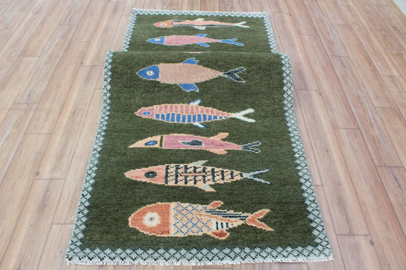 Hand-Knotted Wool Koi Fish Runner – Green Artisan Fish Rug – Custom Sizes Available