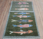 Hand-Knotted Wool Koi Fish Runner – Green Artisan Fish Rug – Custom Sizes Available