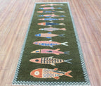 Hand-Knotted Wool Koi Fish Runner – Green Artisan Fish Rug – Custom Sizes Available