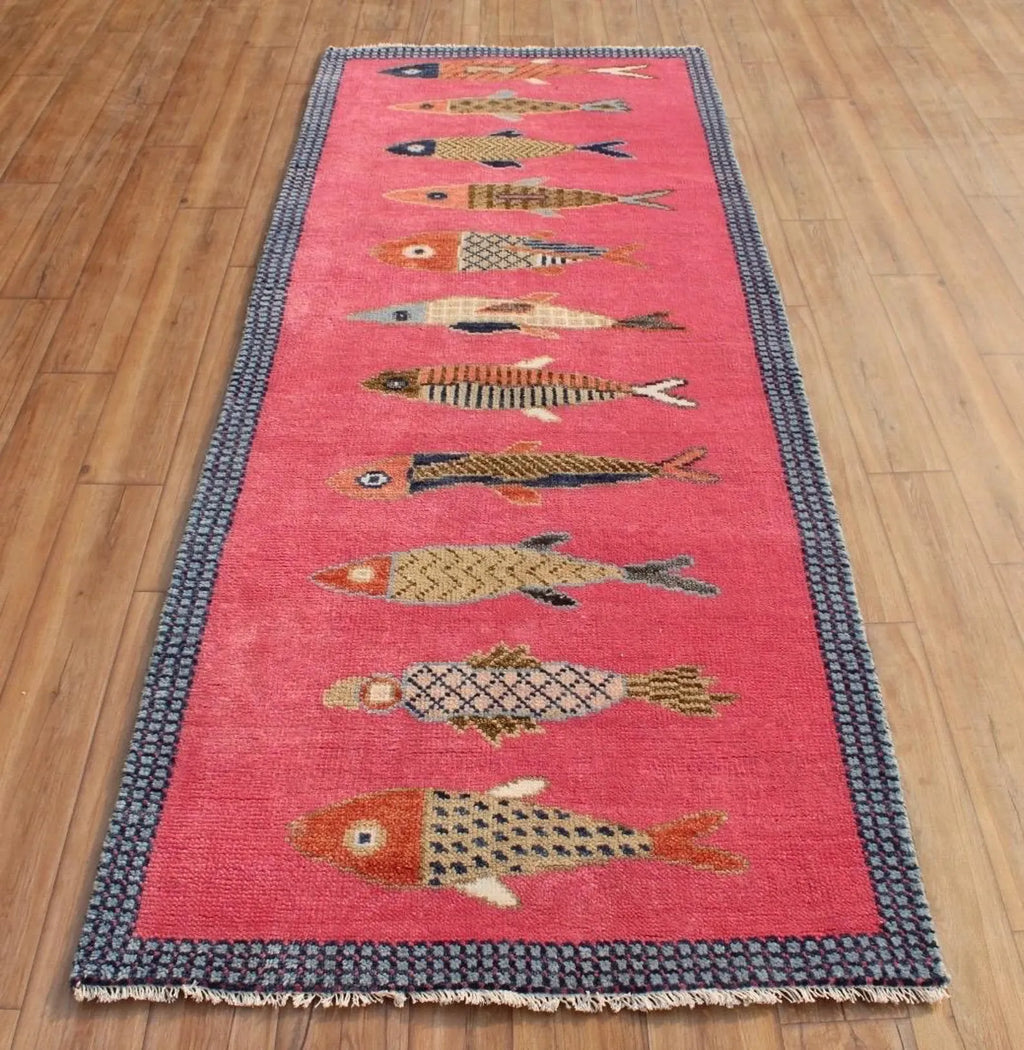 Hand-Knotted Wool Koi Fish Runner – Pink Artisan Fish Rug – Custom Sizes Available