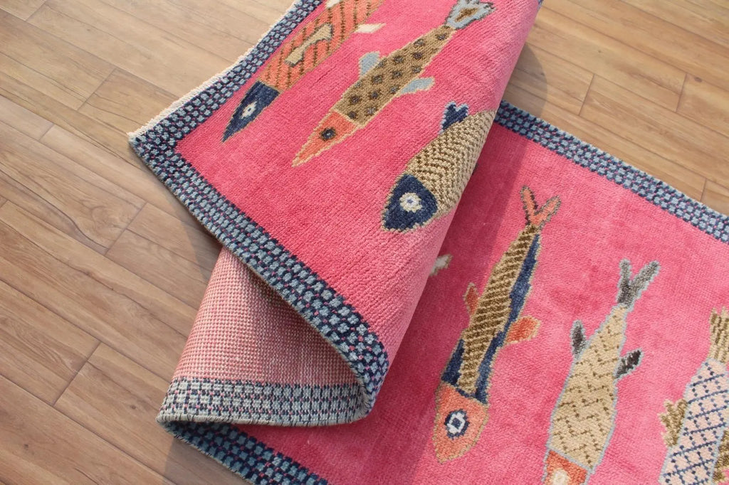 Hand-Knotted Wool Koi Fish Runner – Pink Artisan Fish Rug – Custom Sizes Available
