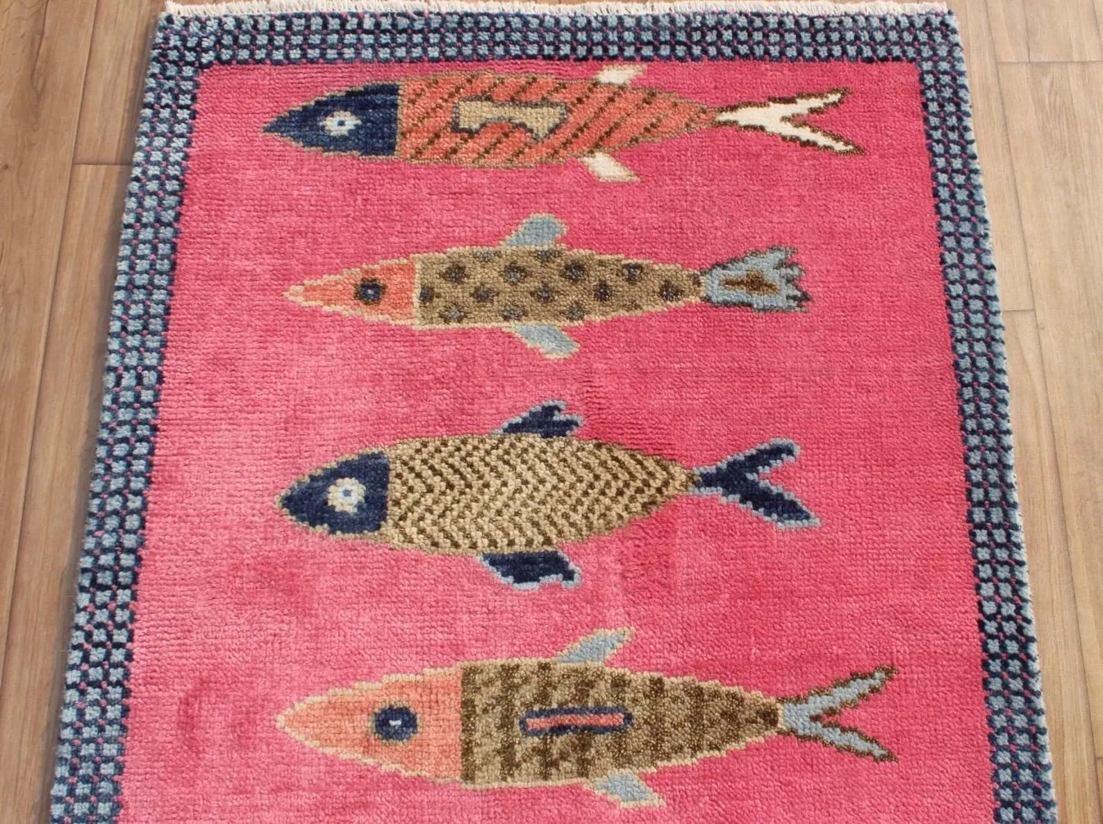 Hand-Knotted Wool Koi Fish Runner – Pink Artisan Fish Rug – Custom Sizes Available