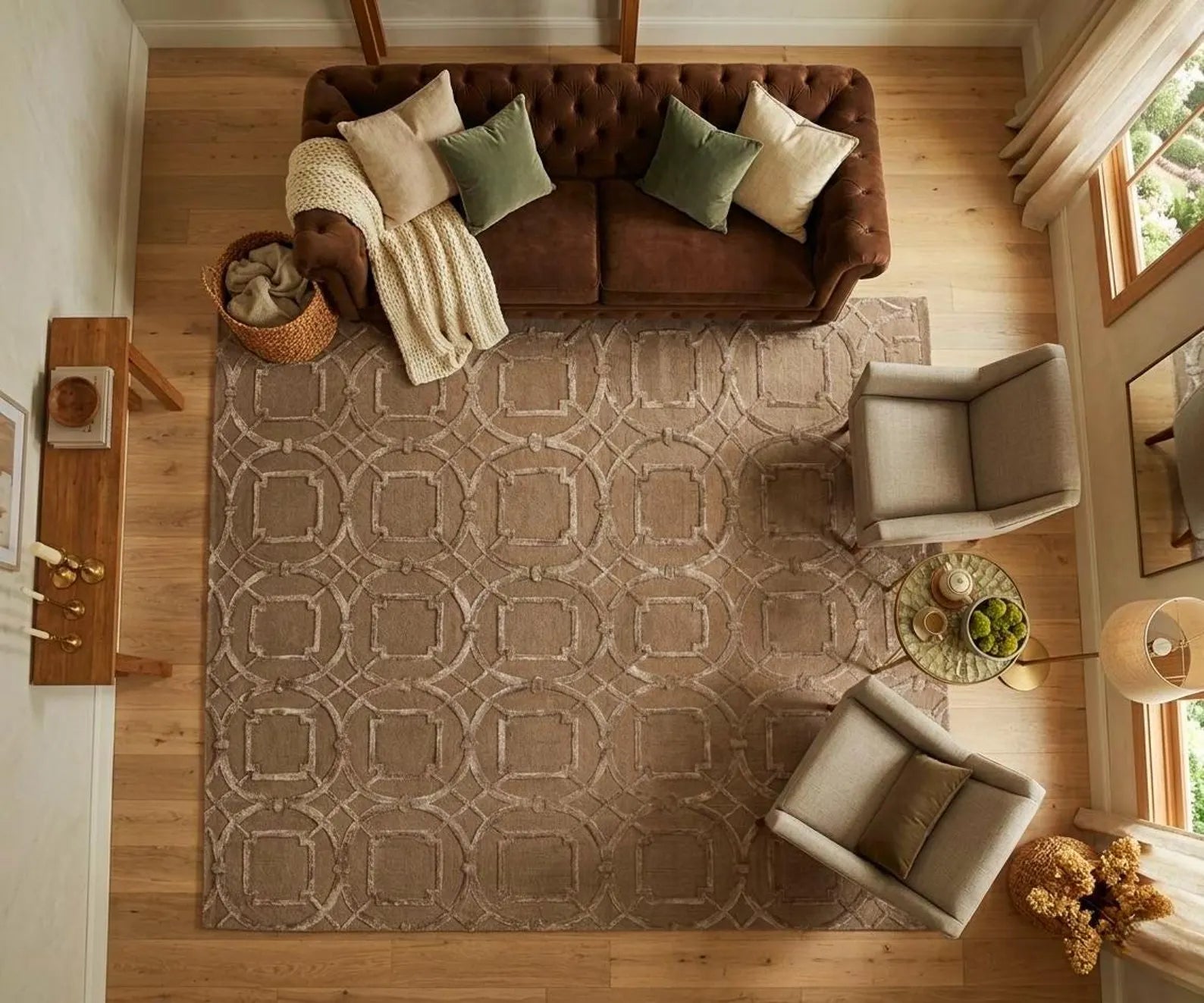 Hand Tufted Brown Wool & Viscose Rug, Geometric Modern Design