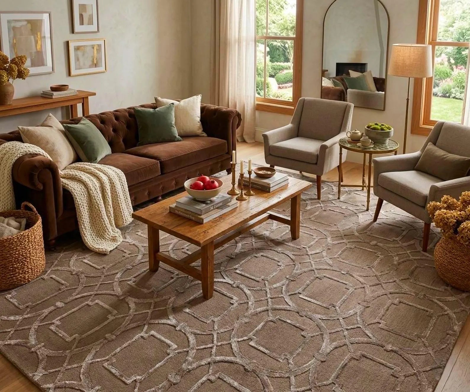Hand Tufted Brown Wool & Viscose Rug, Geometric Modern Design