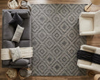 Hand Tufted Wool Rug, Charcoal Ivory Geometric Looped Pile