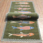 Hand-Knotted Wool Koi Fish Runner – Green Artisan Fish Rug – Custom Sizes Available