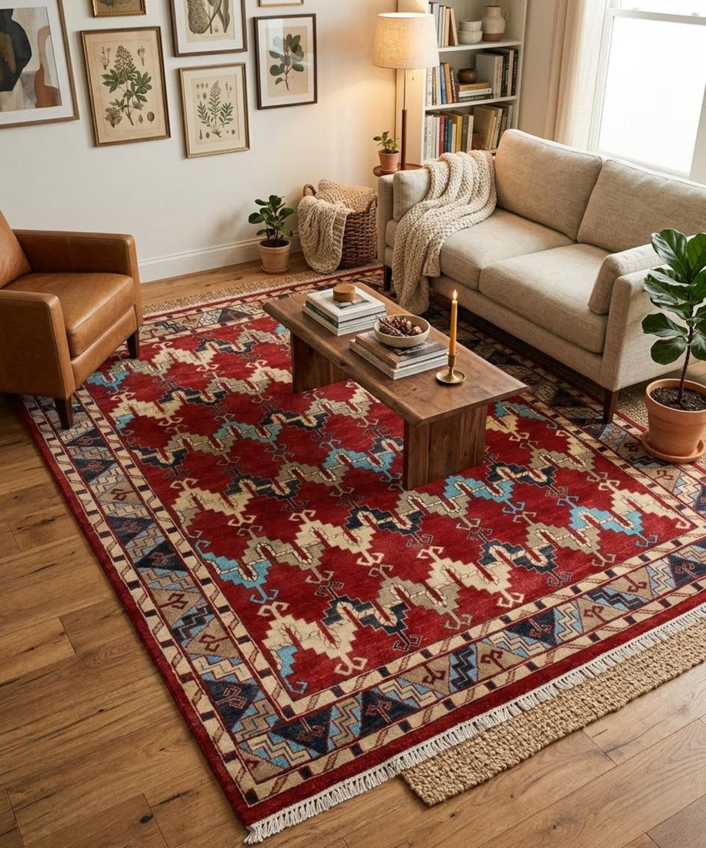 Hand-Knotted Navajo Style Wool Rug - Red & Blue Geometric Southwestern Area Rug