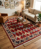 Hand-Knotted Navajo Style Wool Rug - Red & Blue Geometric Southwestern Area Rug