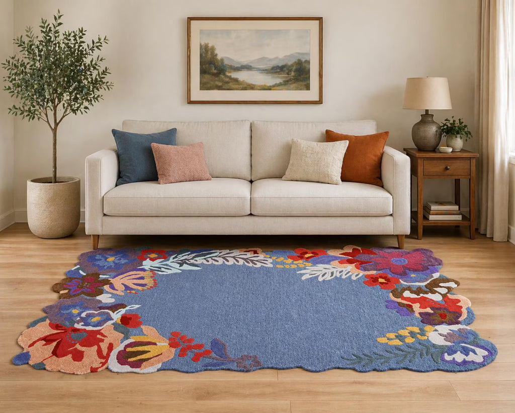 Custom Size Hand-Tufted Wool Floral Area Rug – Modern Botanical Accent Carpet with Scalloped Edge for Living Room & Bedroom