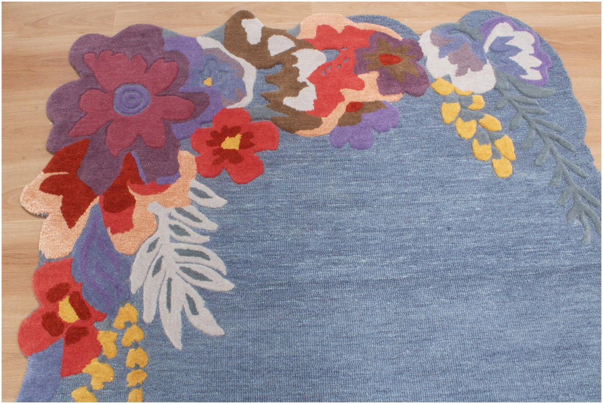 Custom Size Hand-Tufted Wool Floral Area Rug – Modern Botanical Accent Carpet with Scalloped Edge for Living Room & Bedroom