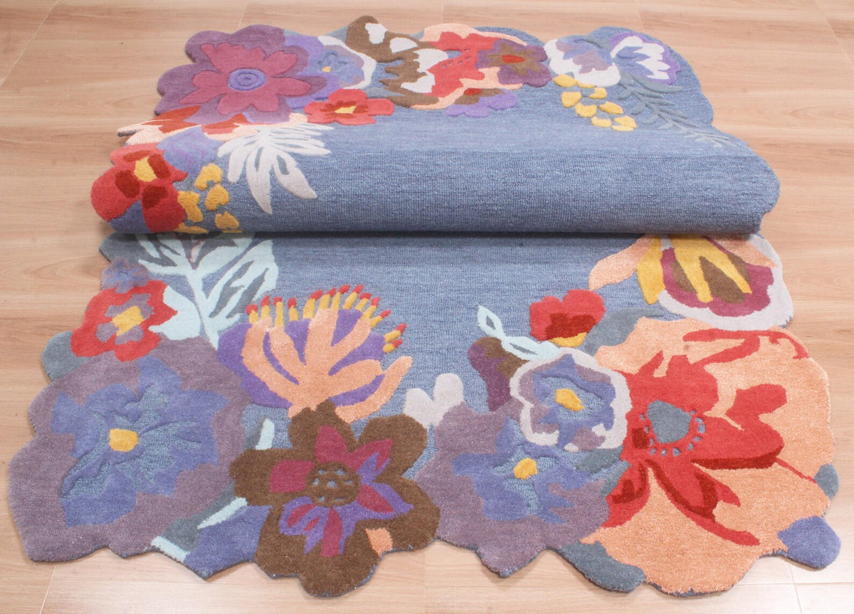 Custom Size Hand-Tufted Wool Floral Area Rug – Modern Botanical Accent Carpet with Scalloped Edge for Living Room & Bedroom