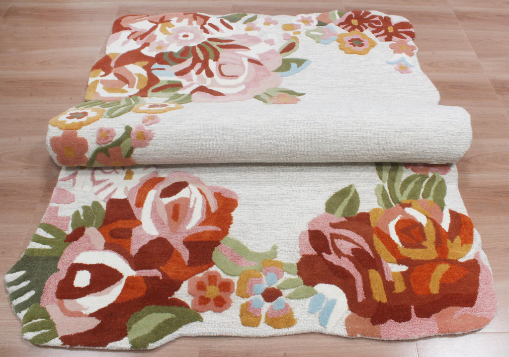 Custom Size Ivory Floral Hand-Tufted Wool Floral Area Rug – Modern Botanical Accent Carpet with Scalloped Edge for Living Room & Bedroom