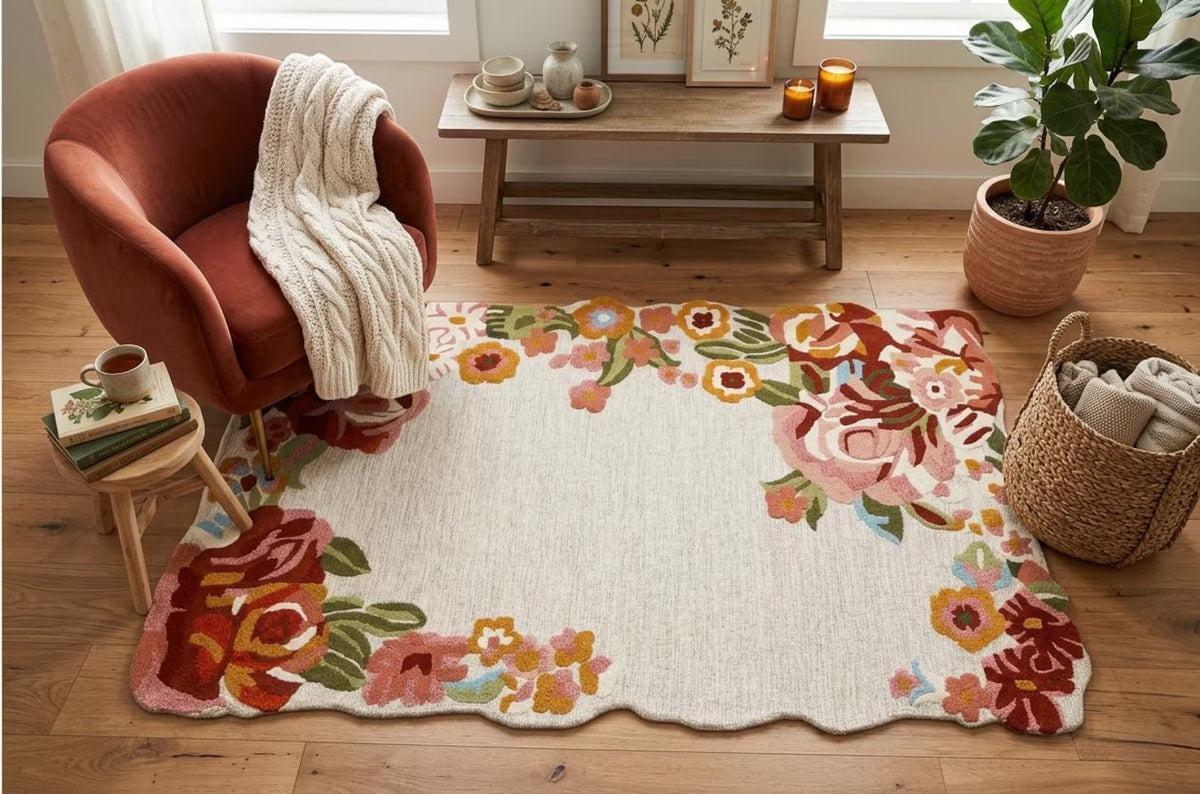 Custom Size Ivory Floral Hand-Tufted Wool Floral Area Rug – Modern Botanical Accent Carpet with Scalloped Edge for Living Room & Bedroom