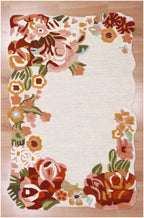 Custom Size Ivory Floral Hand-Tufted Wool Floral Area Rug – Modern Botanical Accent Carpet with Scalloped Edge for Living Room & Bedroom