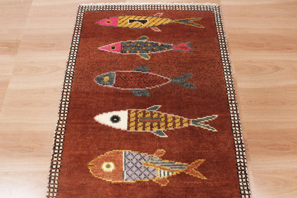 Hand-Knotted Wool Koi Fish Runner – Brown Artisan Fish Rug – Custom Sizes Available