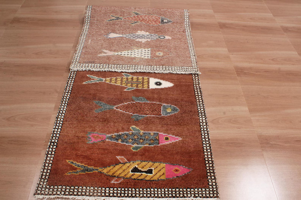 Hand-Knotted Wool Koi Fish Runner – Brown Artisan Fish Rug – Custom Sizes Available