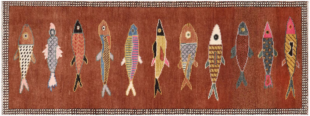 Hand-Knotted Wool Koi Fish Runner – Brown Artisan Fish Rug – Custom Sizes Available
