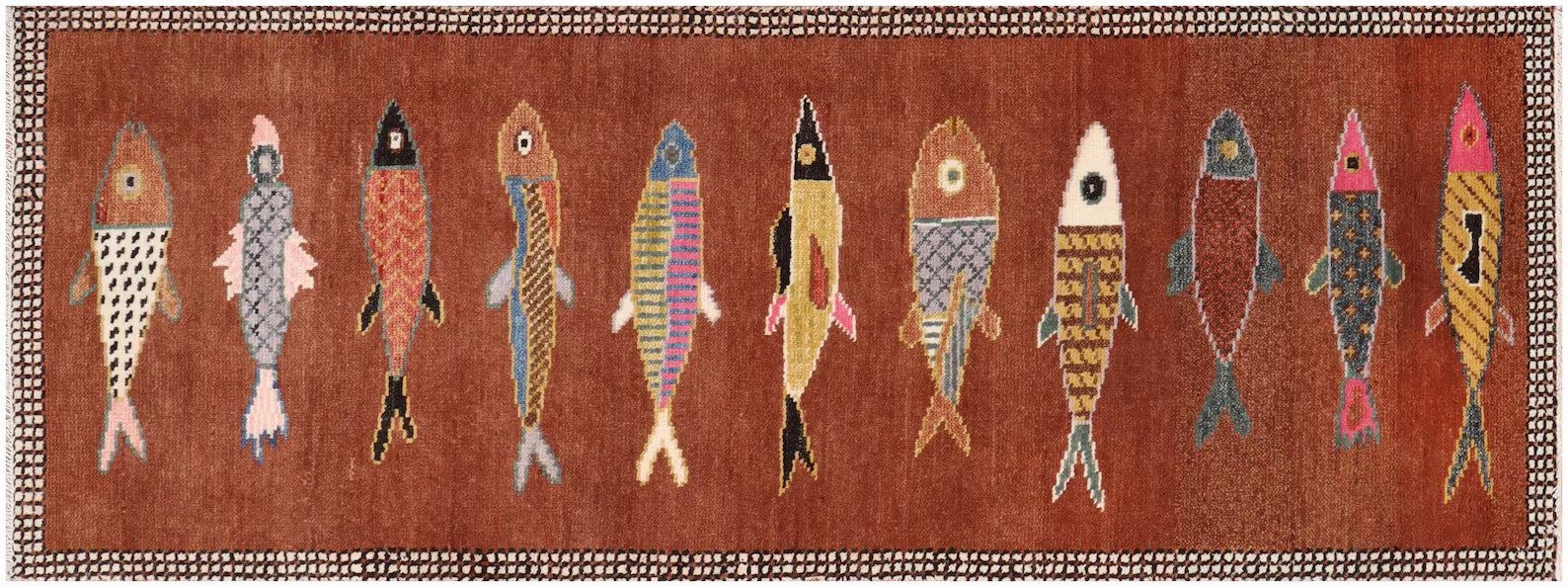 Hand-Knotted Wool Koi Fish Runner – Brown Artisan Fish Rug – Custom Sizes Available