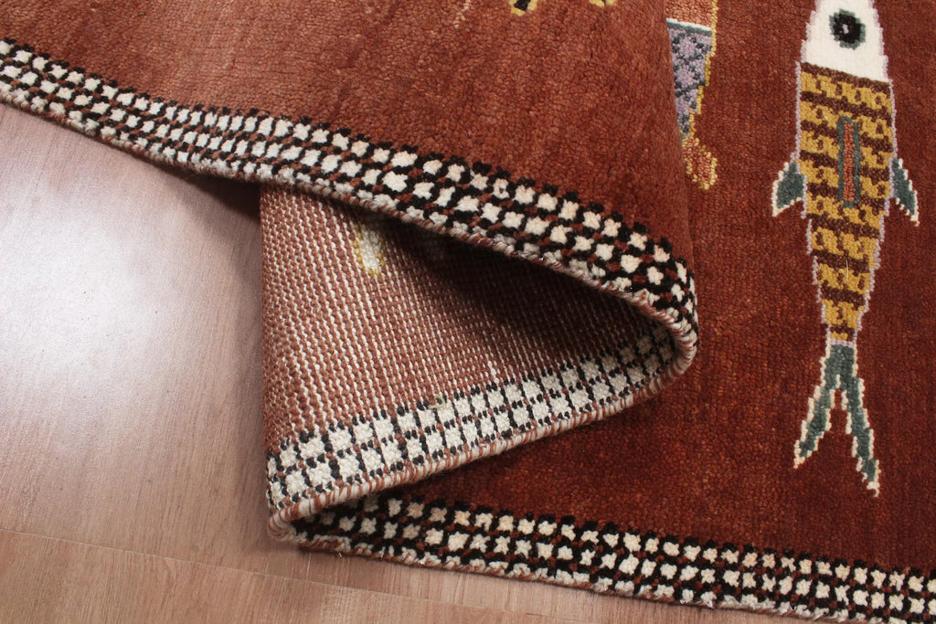 Hand-Knotted Wool Koi Fish Runner – Brown Artisan Fish Rug – Custom Sizes Available