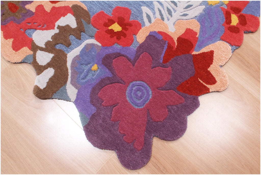 Custom Size Hand-Tufted Wool Floral Area Rug – Modern Botanical Accent Carpet with Scalloped Edge for Living Room & Bedroom