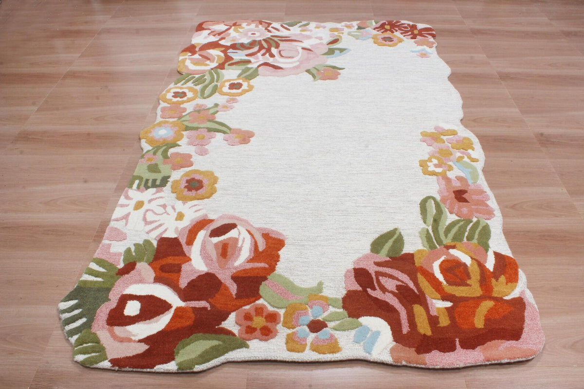 Custom Size Ivory Floral Hand-Tufted Wool Floral Area Rug – Modern Botanical Accent Carpet with Scalloped Edge for Living Room & Bedroom