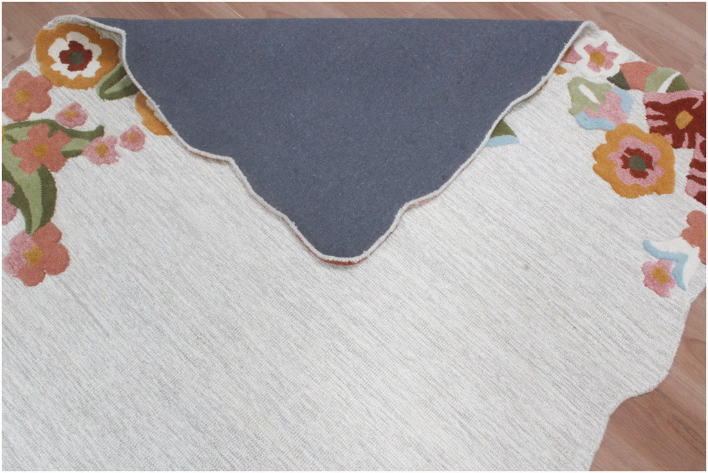Custom Size Ivory Floral Hand-Tufted Wool Floral Area Rug – Modern Botanical Accent Carpet with Scalloped Edge for Living Room & Bedroom