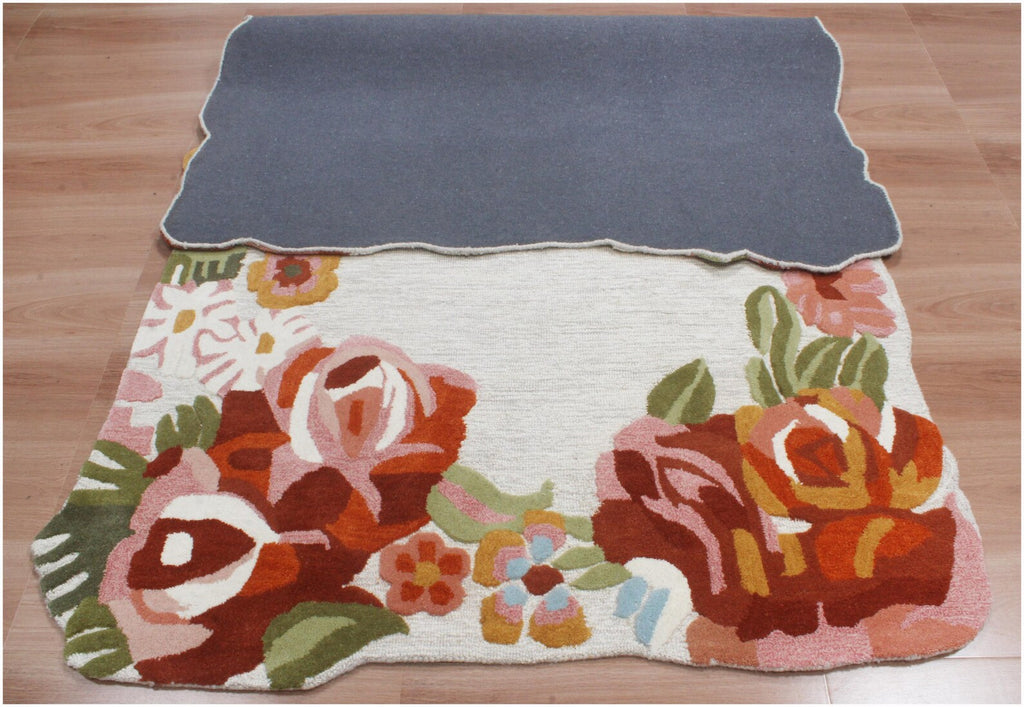 Custom Size Ivory Floral Hand-Tufted Wool Floral Area Rug – Modern Botanical Accent Carpet with Scalloped Edge for Living Room & Bedroom